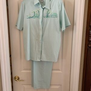 Koret Mint Green & White Vertical striped Shirt with Tropical 🌴 Embroidery